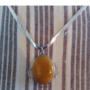 925 Sterling Silver Handmade Chakra Healing Pendant W/ Agate Brown Stone